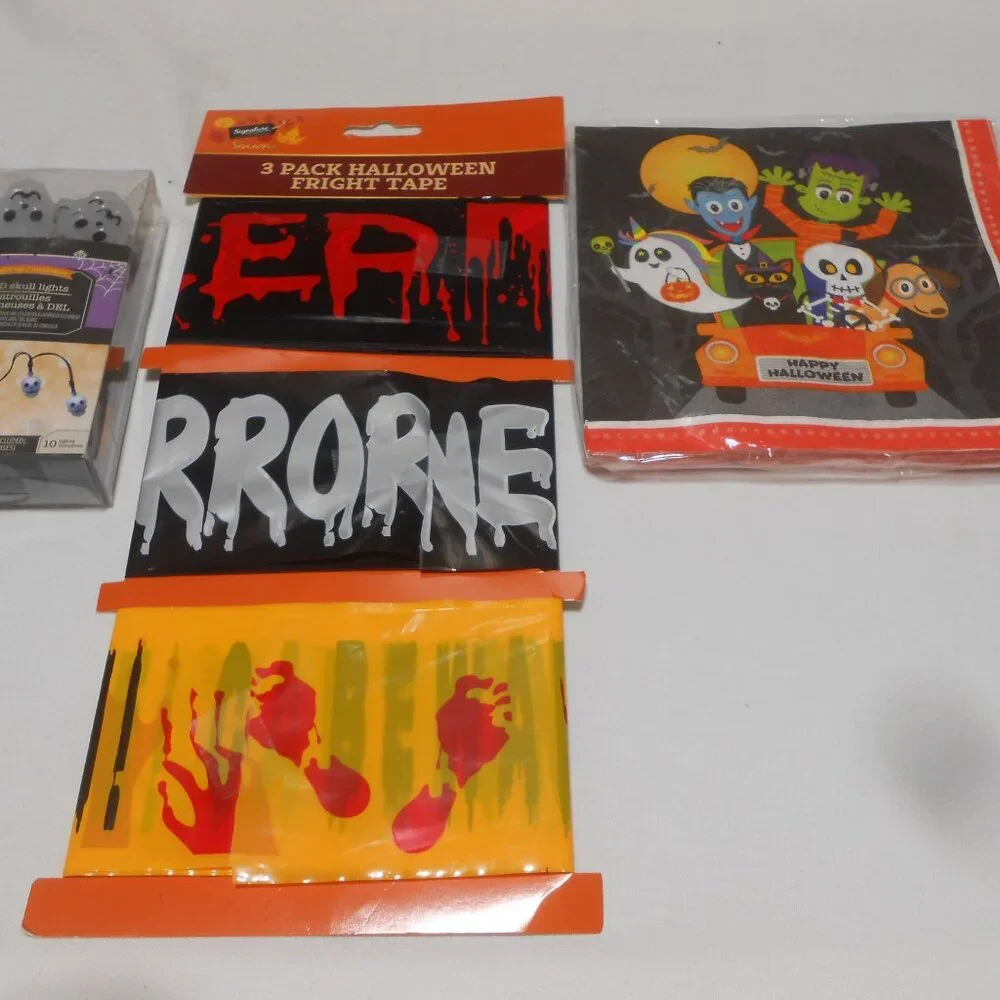 NEW LOT HALLOWEEN LUNCH NAPKINS, LED STRING SKULL LIGHTS, & 3PK CAUTION TAPE 🎃